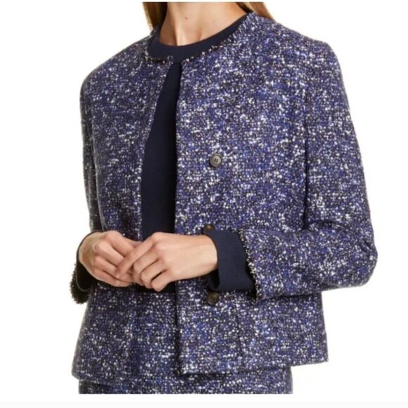 Hugo Boss Julira Tweed Suit Jacket In Pilot Fantasy Fringe Collar Sz 10 - Picture 1 of 15
